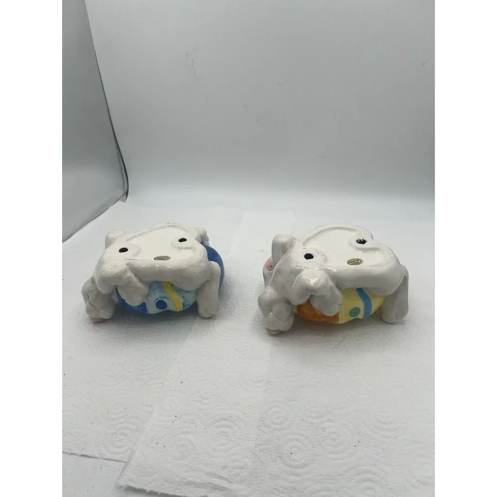 2 Colorful Easter Bunny White Rabbit Ceramic Soap Trinket Dish Tray Easter Egg
